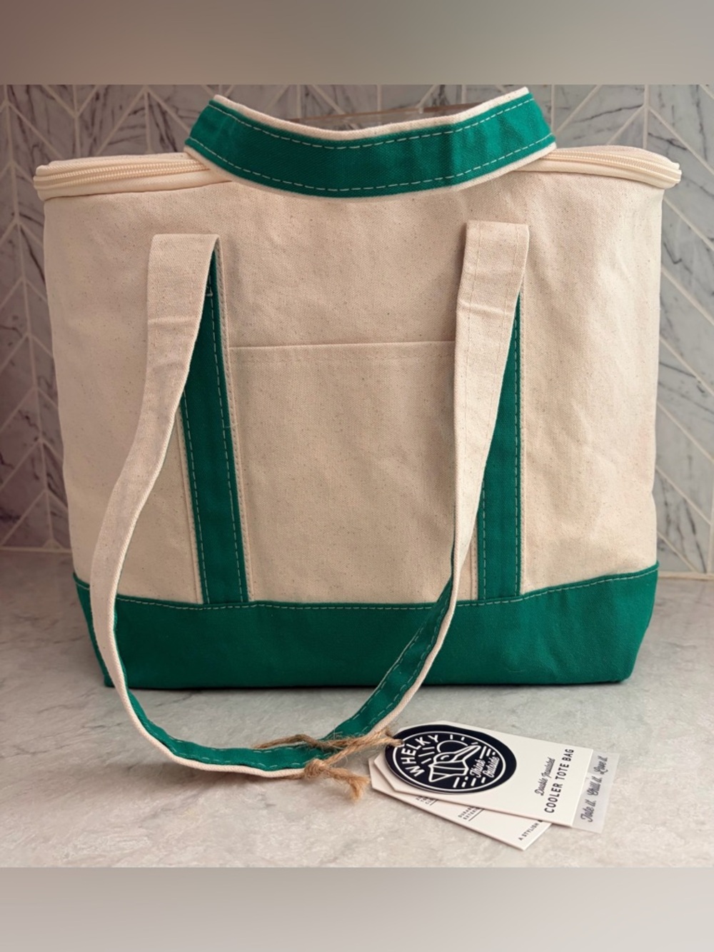 NWT/Whelky Canvas Double Insulated Cooler Tote with Double Zipper & Green trim.